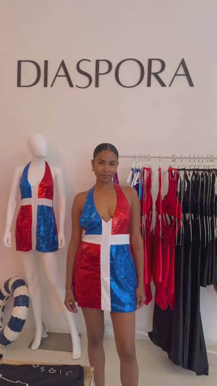 dominican republic dress red blue and white sequence dominicana
