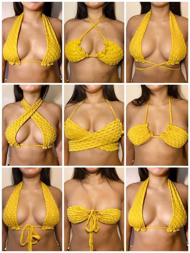 he Amara Multiwear Top is versatile and flexible. Wear it over 9 different ways. As a classic Halter top or ruched bandeau top woman-owned black-owned latina-owned diaspora new york  clothing womenswear top crop top cute top multiwear yellow