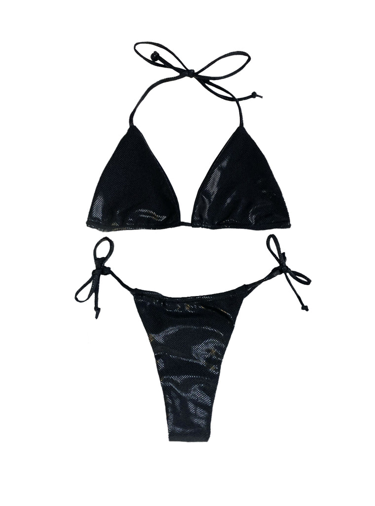 Classic Bikini Thong - Thong with Tie Strings for the perfect fit. Match with our Classic Bikini Top or Amara Multi-Wear Top (sold separately) Bikini comes in 3 sizes small medium large black shiny metallic
