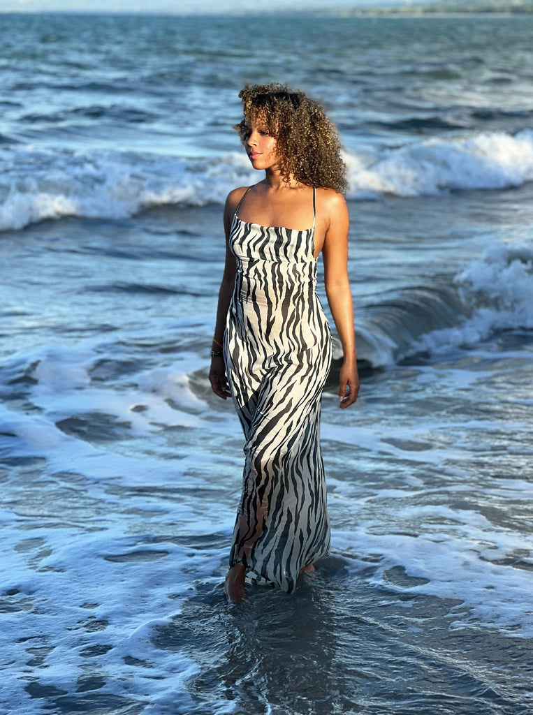 zebra dress maxi elegant see through luxury beach open back cross back 