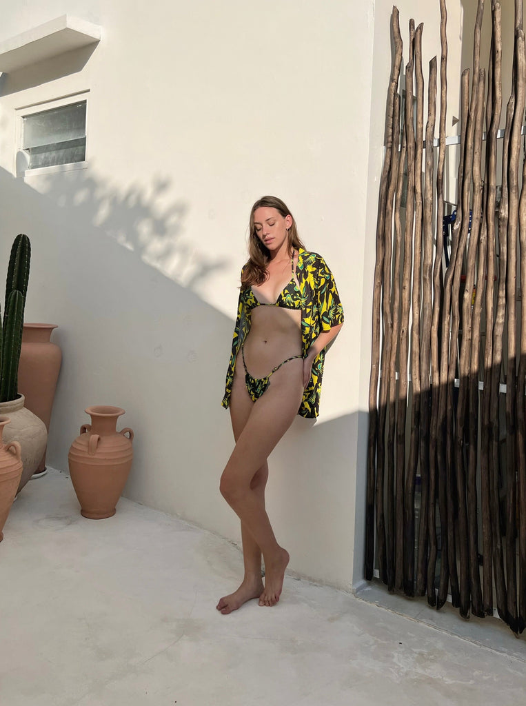 floral green shirt button up bikini top brazilian cheeky bottom thong minikini lotus luxury resort vacation