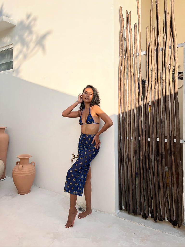Swimwear luxury resortwear brand resort vacation blue stars cute egyptian seamless triangle bikini top brazilian cheeky womanowned black owned mesh skirt