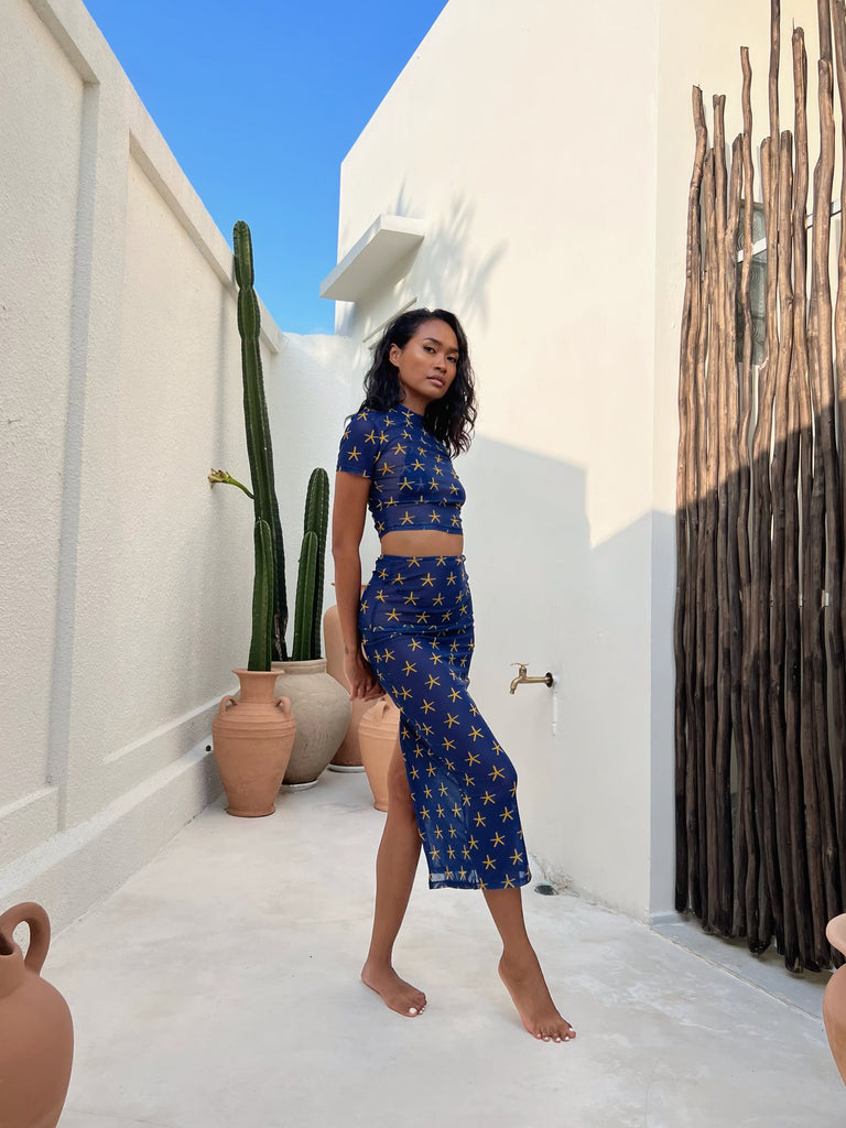 mesh print skirt stars egyptian inspired navy beach vacation resortwear