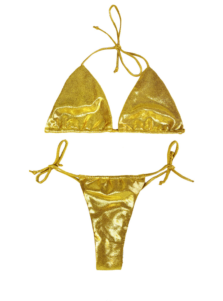 Classic Bikini Triangle Top with Tie Strings perfect fit. Thong Bikini swimwear swim swimsuit brazilian minikini black-owned woman-owned latina-owned made in new york made in usa shiny metallic diaspora new york  gold